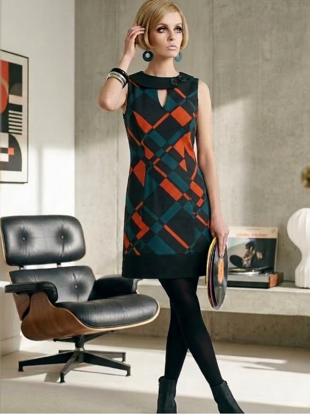 Vintage Italian Le Group Woman Geometric Mod Sheath Dress Small Teal Rust